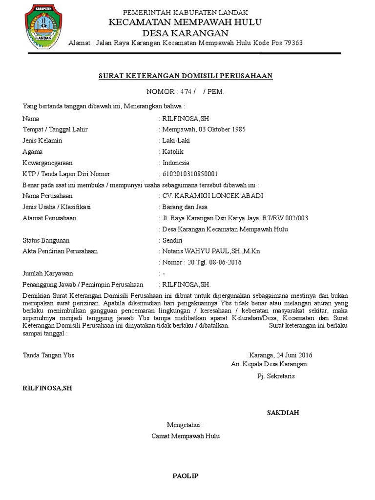 Nomor Domisili Adalah