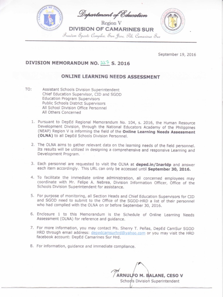 DepEd Camarines Sur OLNA Memo 2016 | PDF | Communication | Business