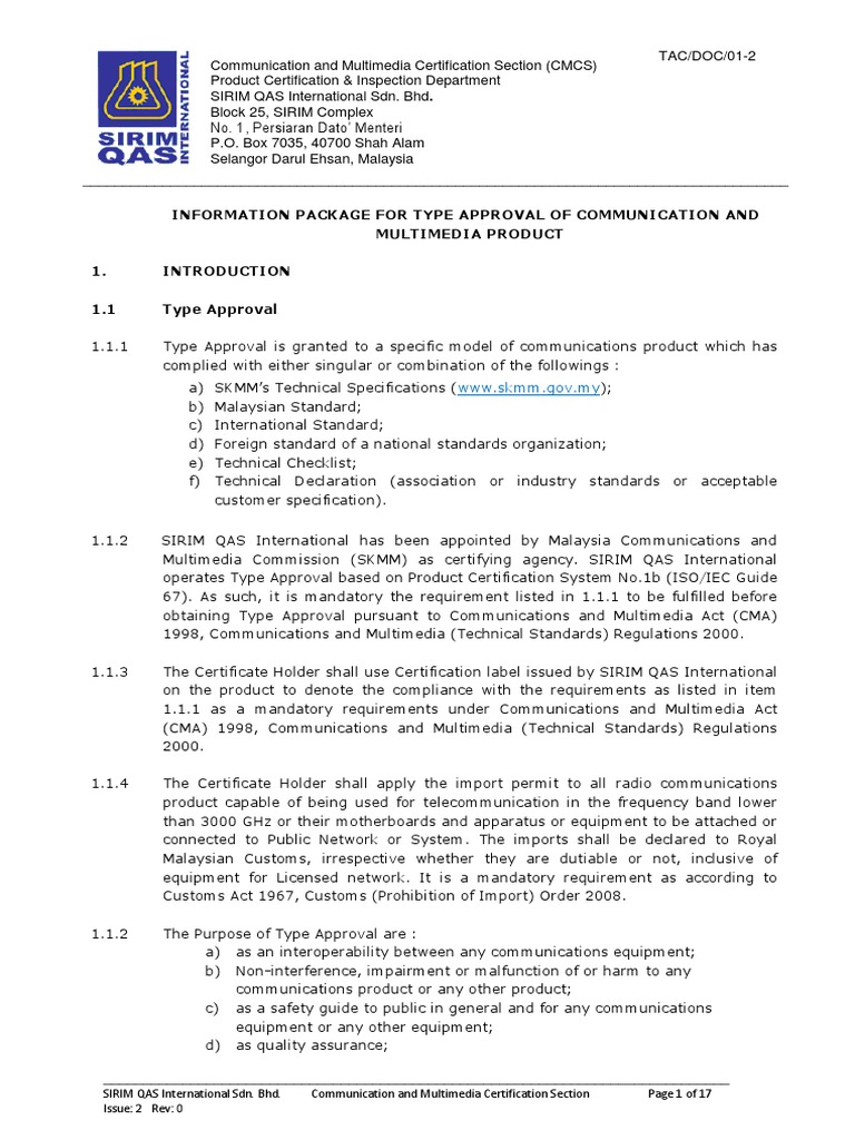 SIRIM Type Approval Application Guide | PDF | Computing | Computing And ...
