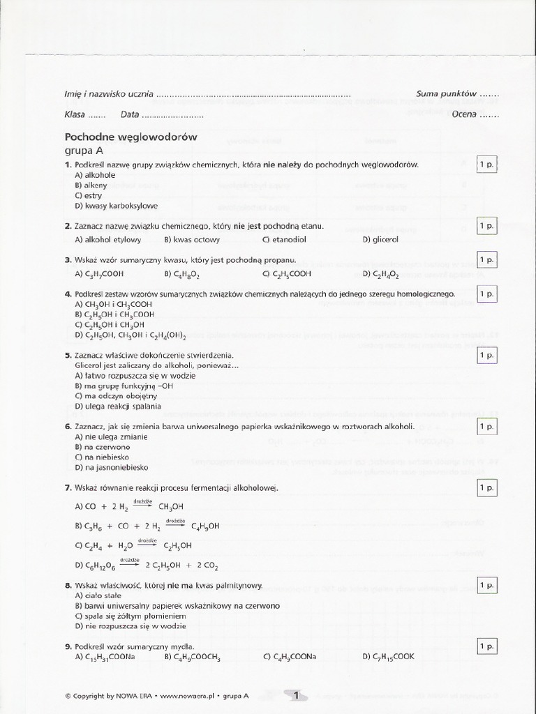 Sprawdzian Pochodne Węglowodorów Grupa A Gimznazjum Sprawdziany Chemia Pochodne Węglowodorow Test PDF | PDF