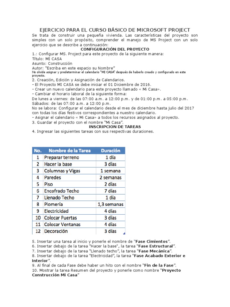 Ejercicio MS Project: Construcción Casa | PDF | Calendario