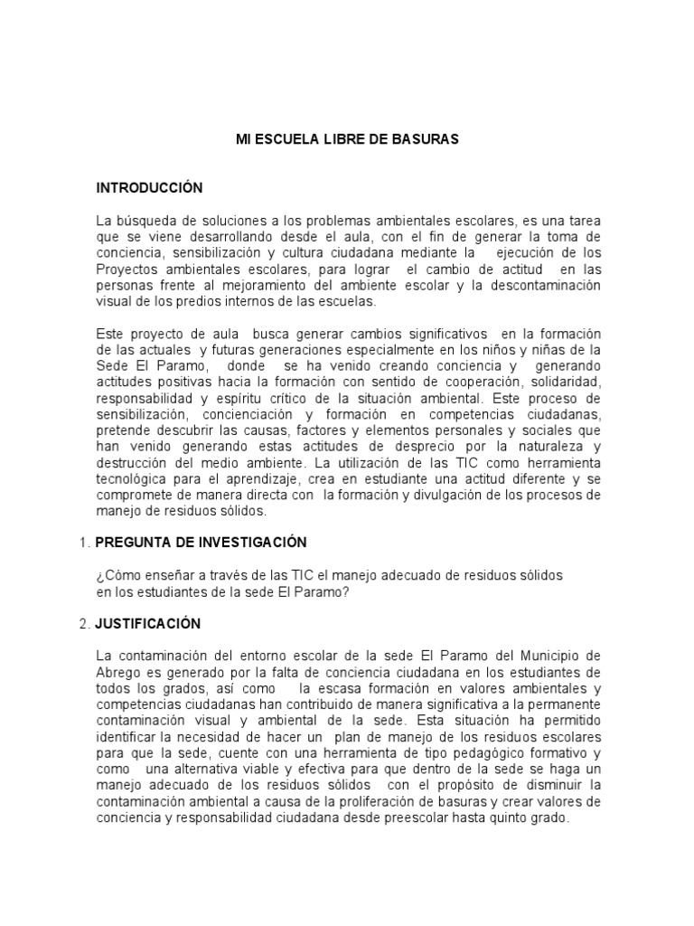 Proyecto Escolar: Cero Basura en El Paramo | PDF | Reciclaje | Residuos