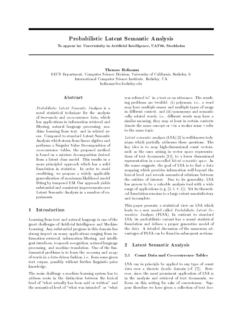 Probabilistic Latent Semantic Analysis | PDF | Statistical Theory ...