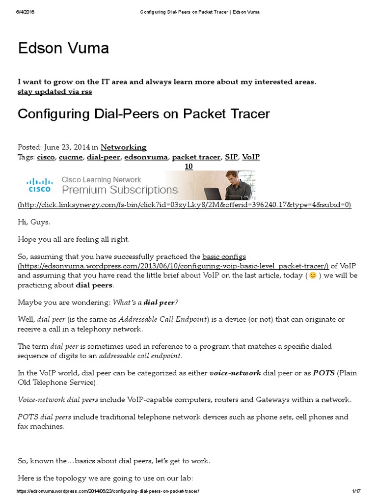 Configuring DialPeers On Packet Tracer Edson Vuma PDF Voice Over