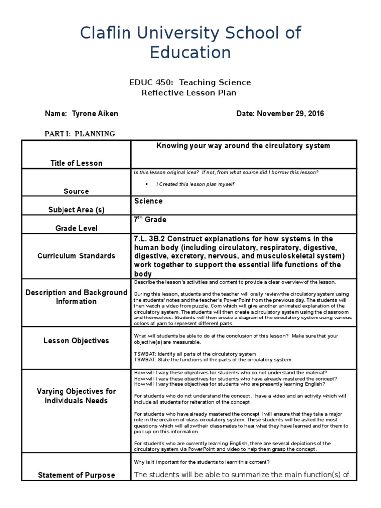 Circulatory System Lesson Plan 1 Artery Lesson Plan