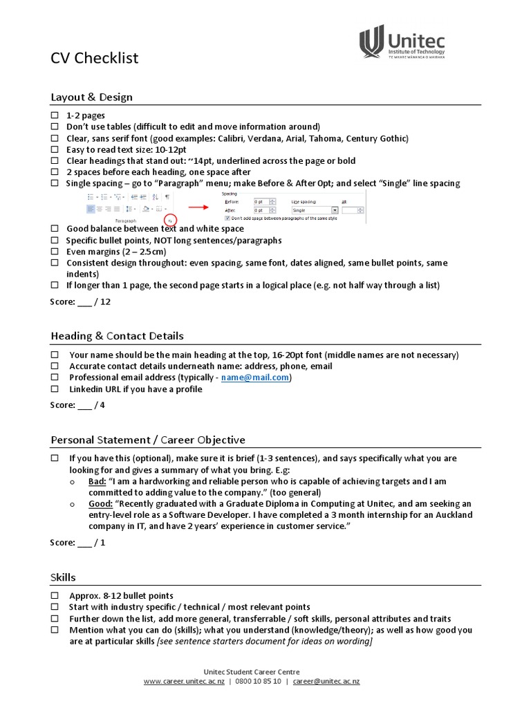 CV Checklist | Typefaces | Paragraph