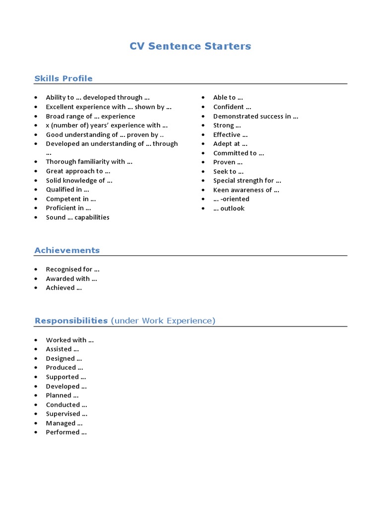 CV Sentence Starters PDF