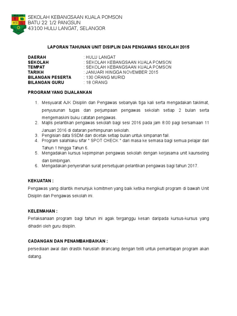 Laporan Tahunan Unit Disiplin Dan Pengawas Sekolah 2015