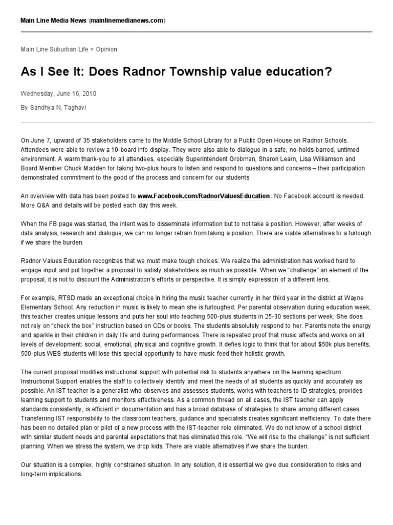 Does Radnor Township Value Education PDF Teachers Risk