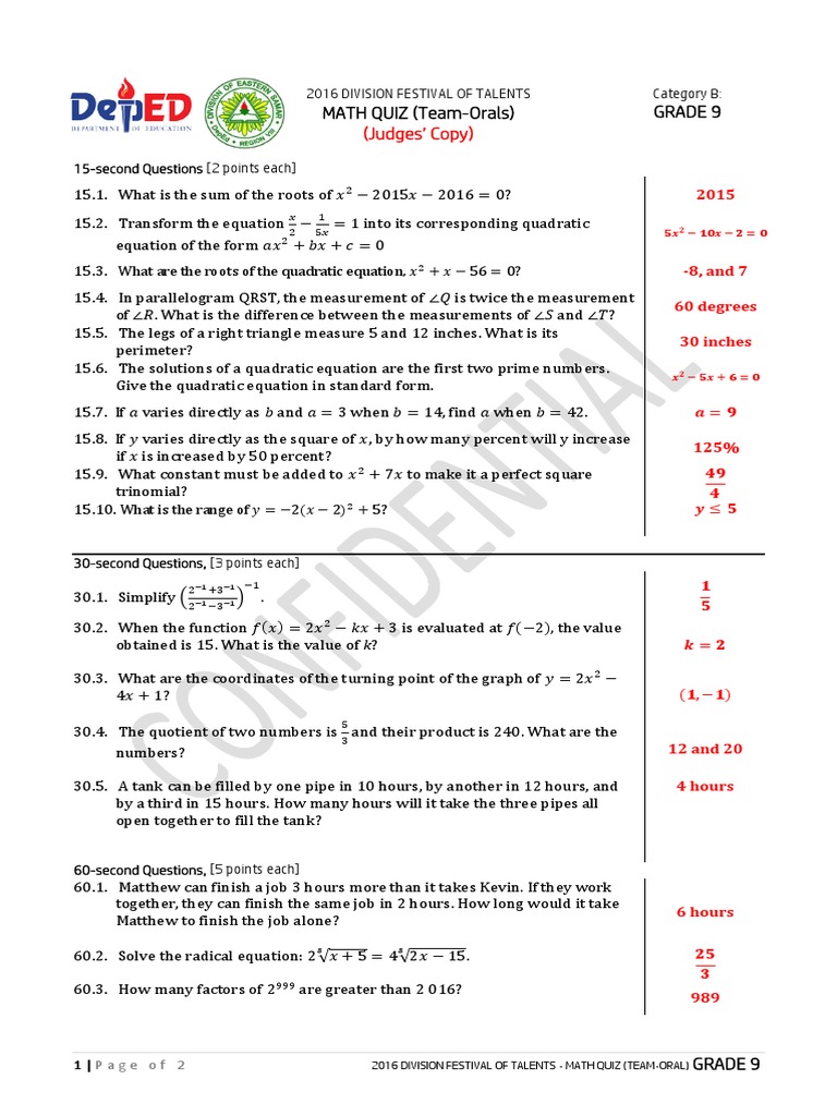 Maths Quiz Questions With Answers For Grade 9 Quiz Questions And Answers