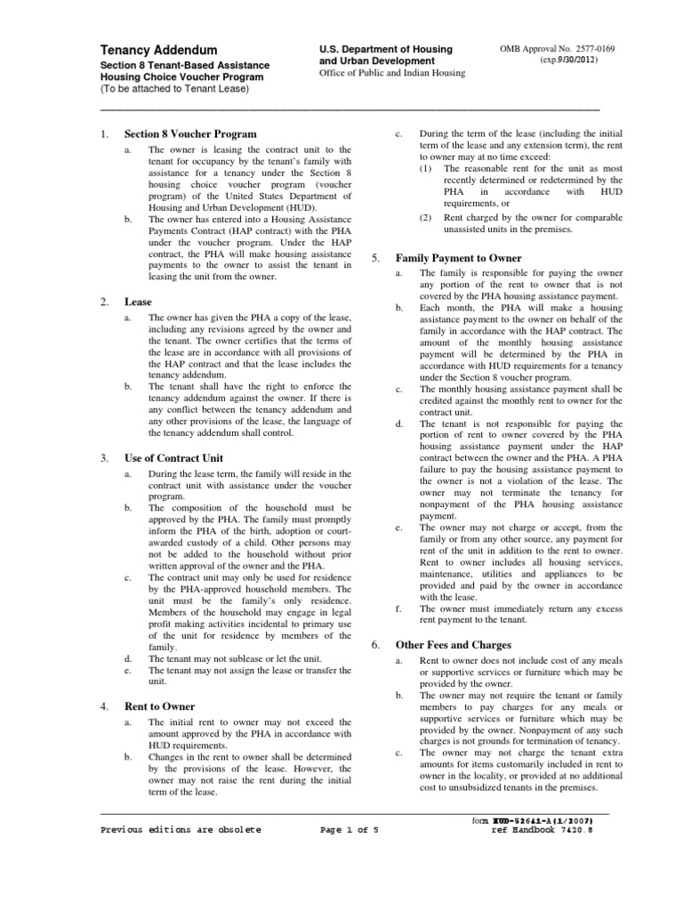 HUD Tenancy Addendum PDF Section 8 (Housing) Lease