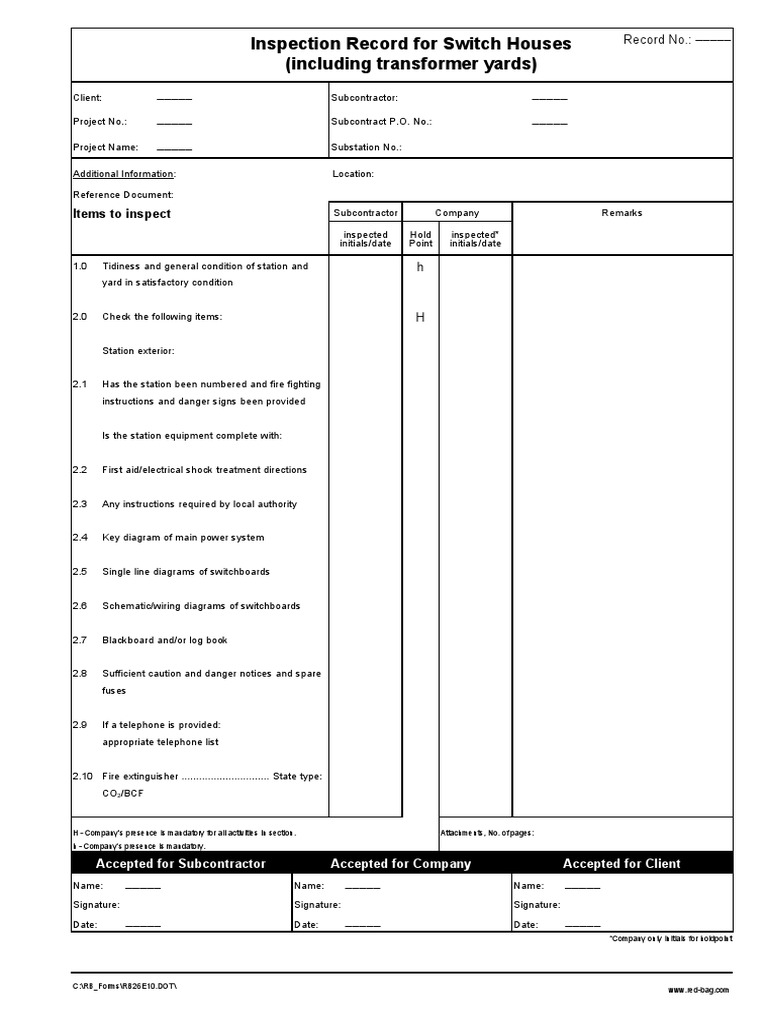 Inspection Record For Switch Houses | PDF