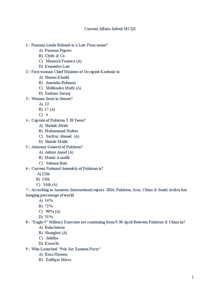 Current Affairs Solved MCQS | PDF | Pakistan