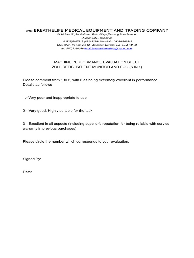 ZOLL Defibrillator Performance Evaluation Sheet | PDF