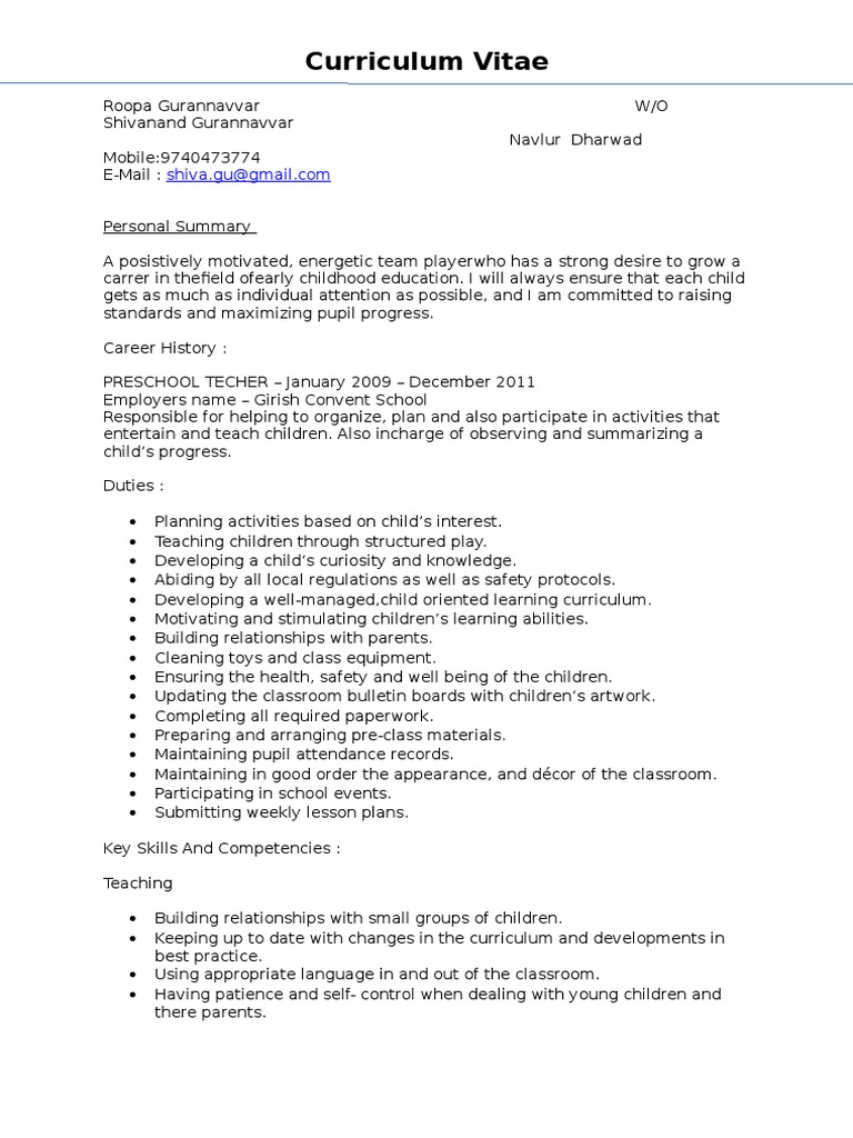 Early Childhood Education CV - Roopa Gurannavvar | PDF | Career ...