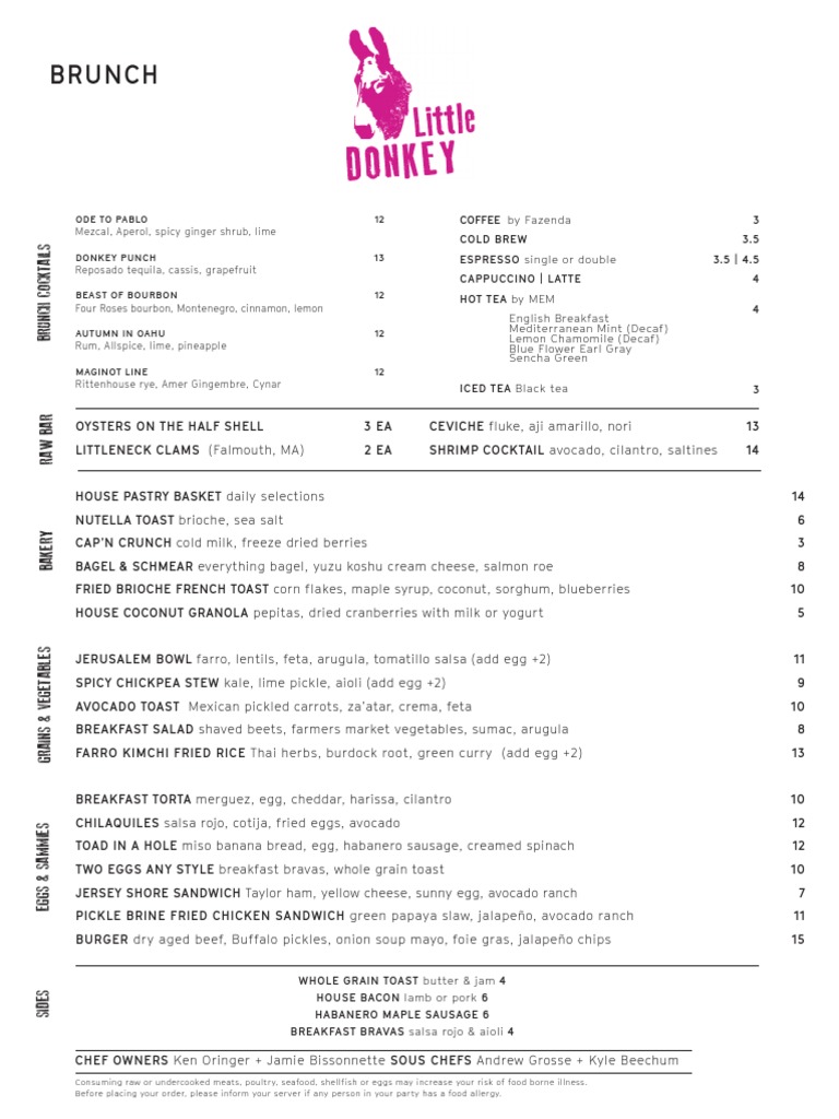 Little Donkey Brunch Menu Cooking Food & Wine