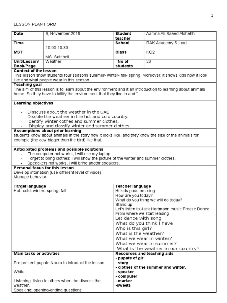 Lesson Plan Weather | PDF | Lesson Plan | Reading (Process)