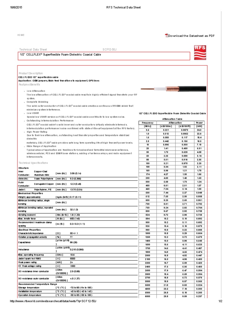 RFS Technical Data Sheet Coaxial Cable Cable
