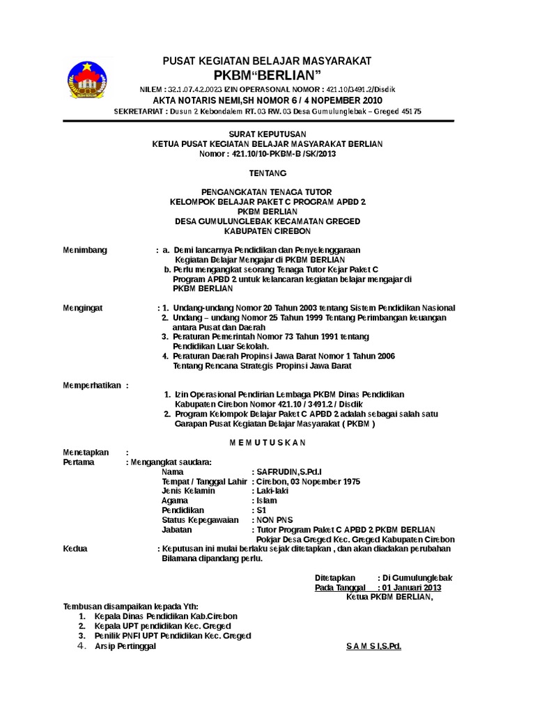 Contoh Sk Pkbm Pdf