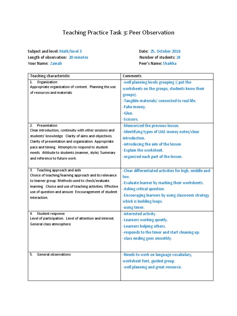 Peer Observation Report: Math Lesson Analysis | PDF | Career & Growth ...