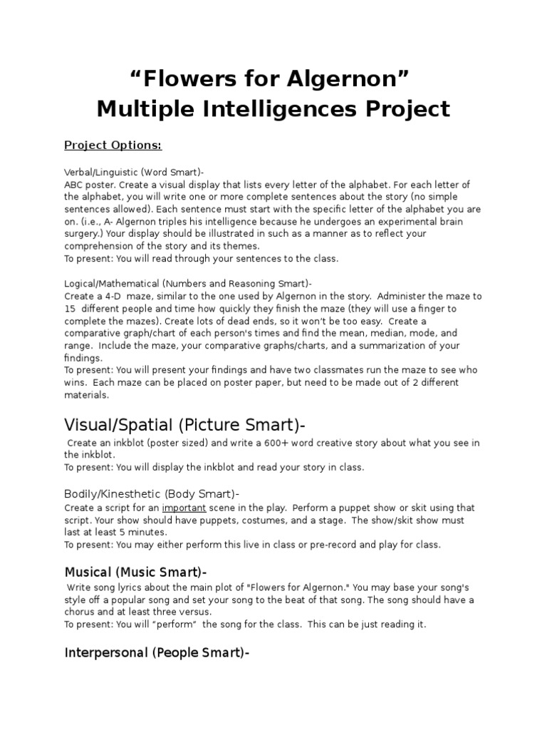 Flowers For Algernon Multiple Intelligences Project PDF Maze