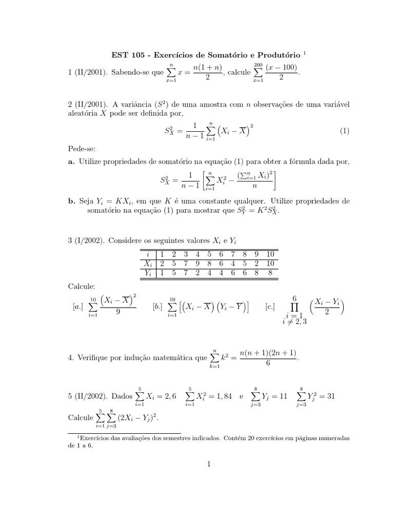 Exercícios de Somatório e Produtório PDF | PDF