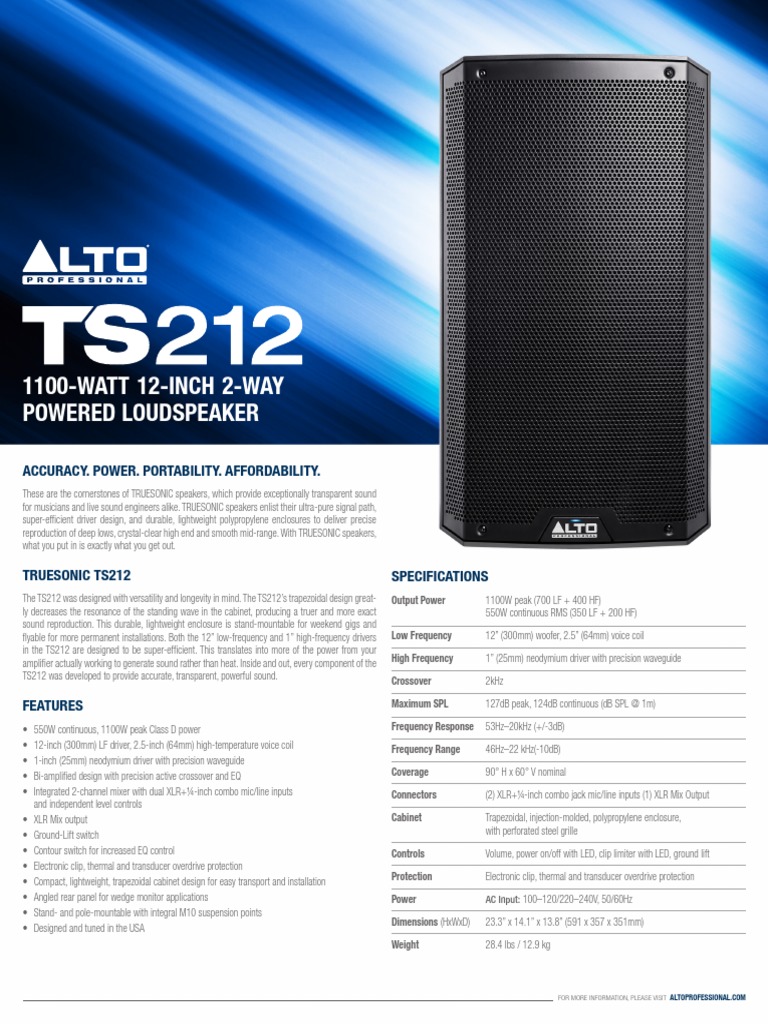 Alto Professional TS212 Spec Sheet PDF Loudspeaker Audio Engineering