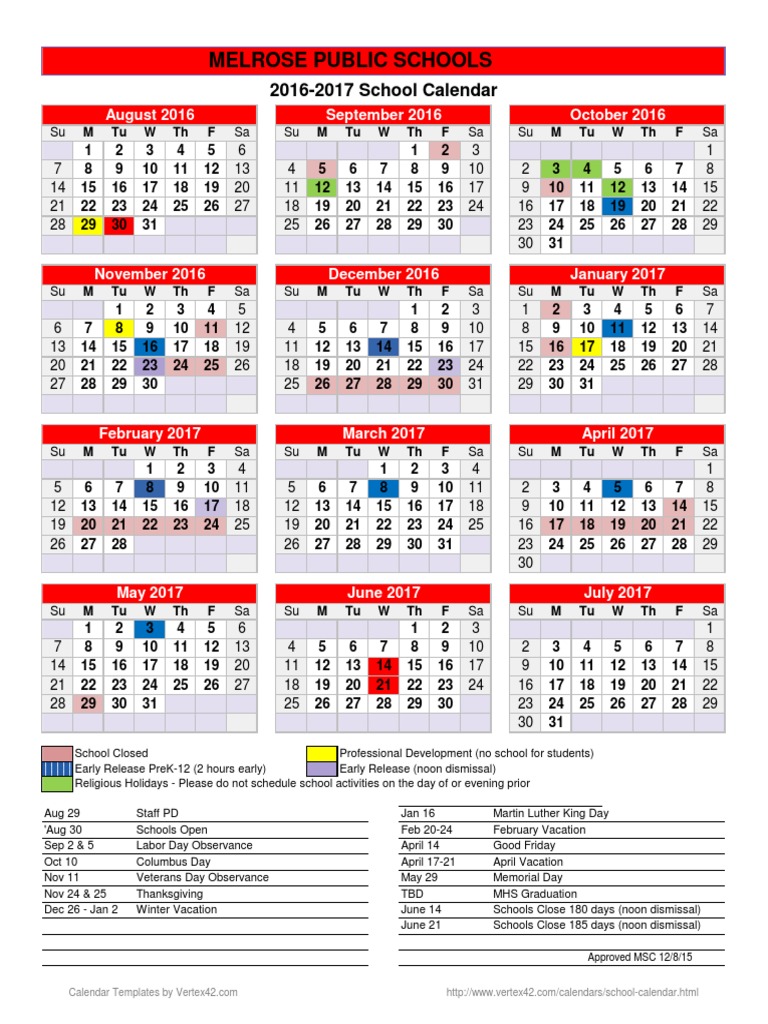 Melrose School Calendar PDF
