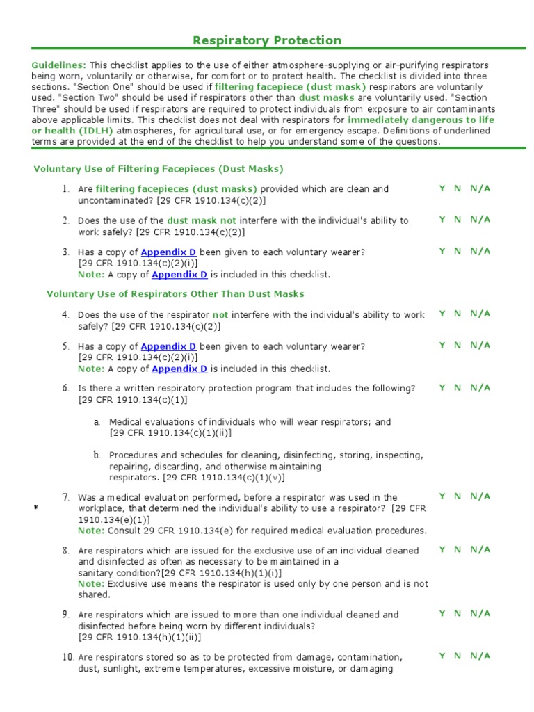 Respiratory Protection Checklist Safety Chemistry