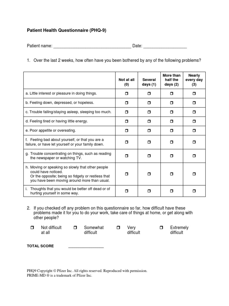 Online phq 9 form printable