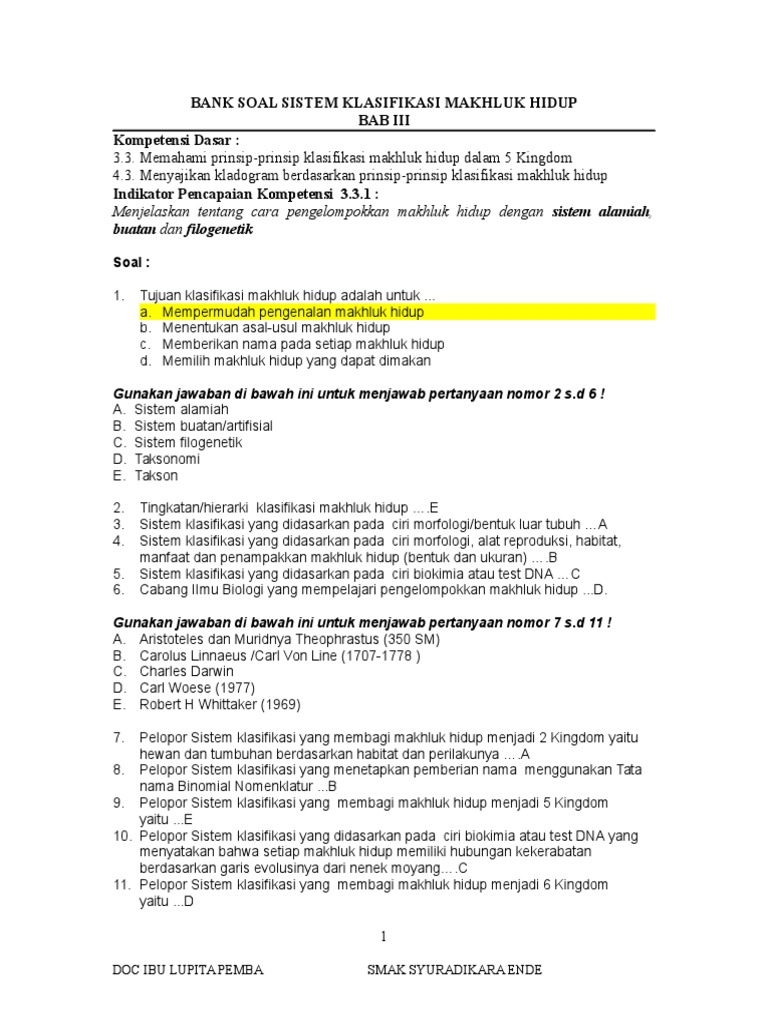 Bank Soal Sist Klasifikasi Mh Bab Iii