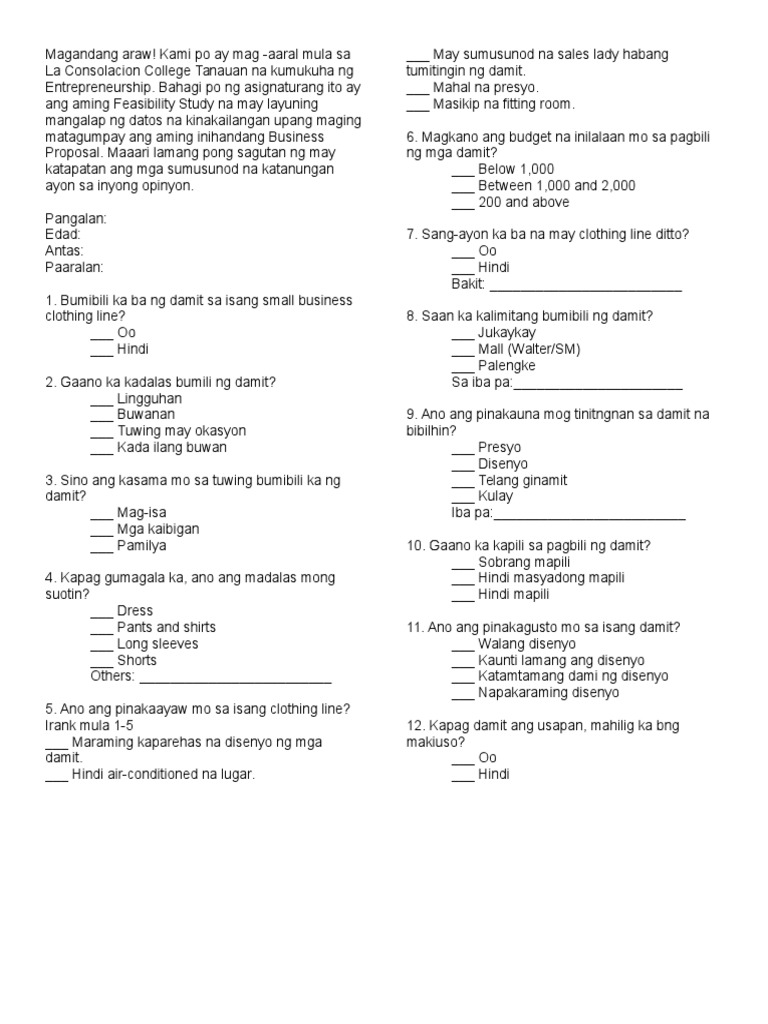 Survey Questionnaires | PDF