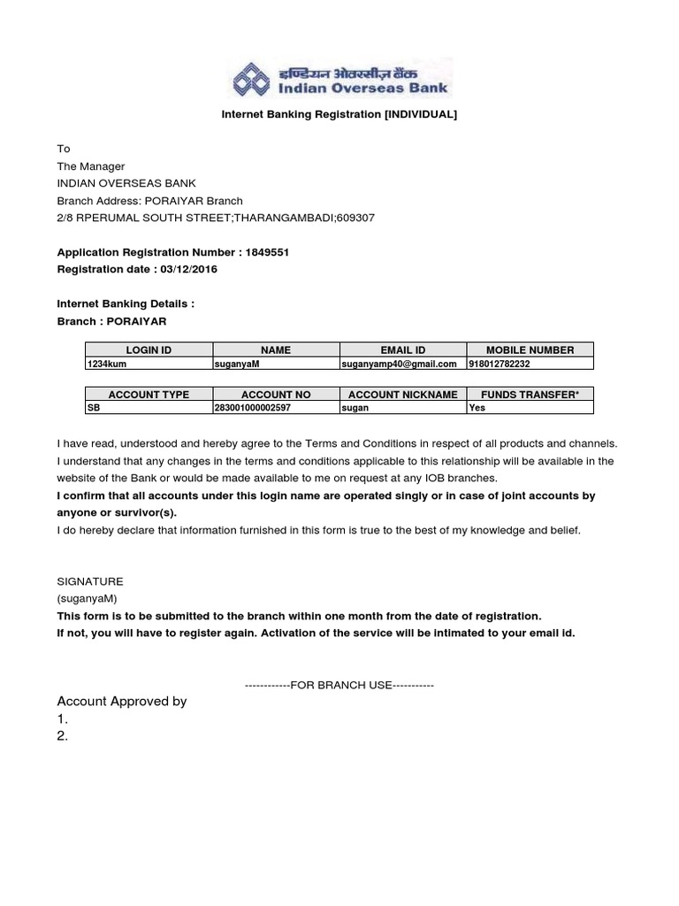 Internet Banking Registration Form IOB | PDF
