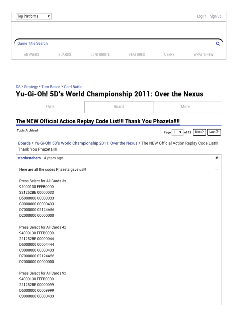 The NEW Official Action Replay Code List!!! Thank You Phazeta!!!! - Yu-Gi-Oh!  5D's World Championship 2011 Over The Nexus Message Board For DS - GameFAQs  PDF | PDF | Leisure | Sports