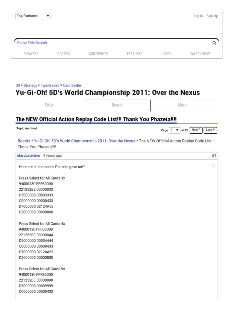 The NEW Official Action Replay Code List!!! Thank You Phazeta!!!! - Yu-Gi-Oh!  5D's World Championship 2011 Over The Nexus Message Board For DS - GameFAQs  PDF, PDF, Leisure