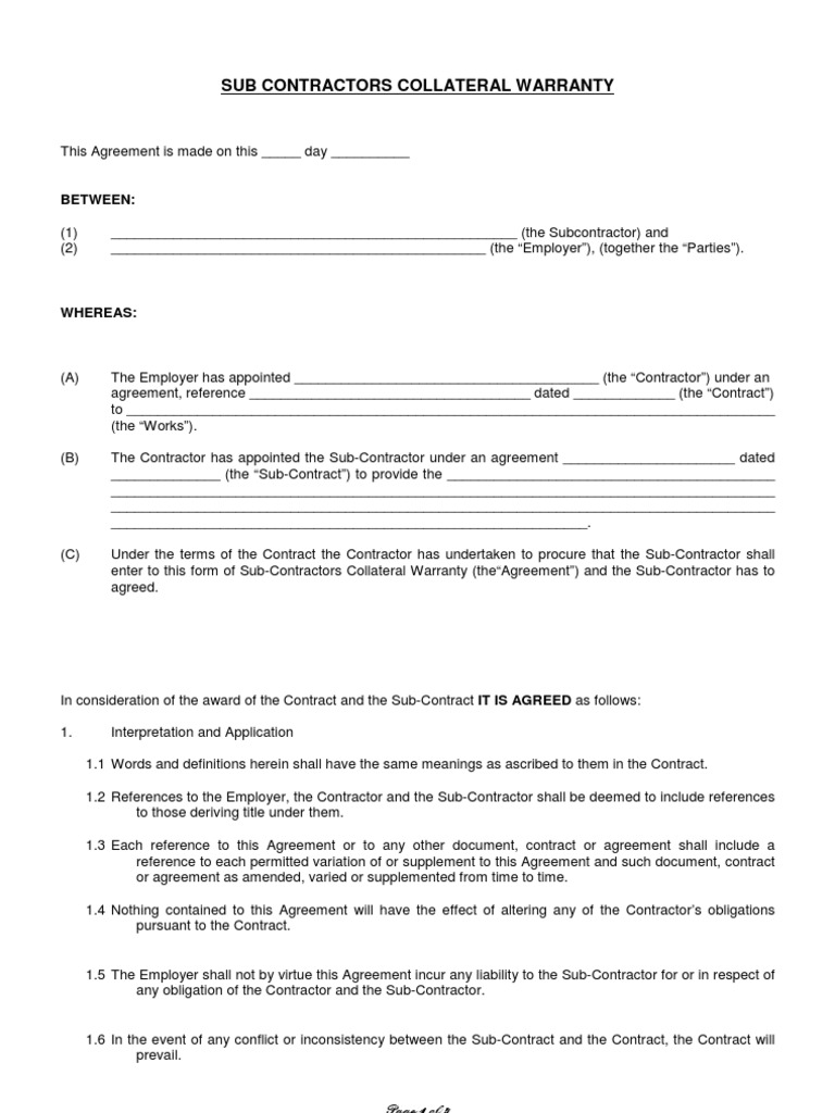 Sub Contractor Collateral Warranty Format Signature Arbitration
