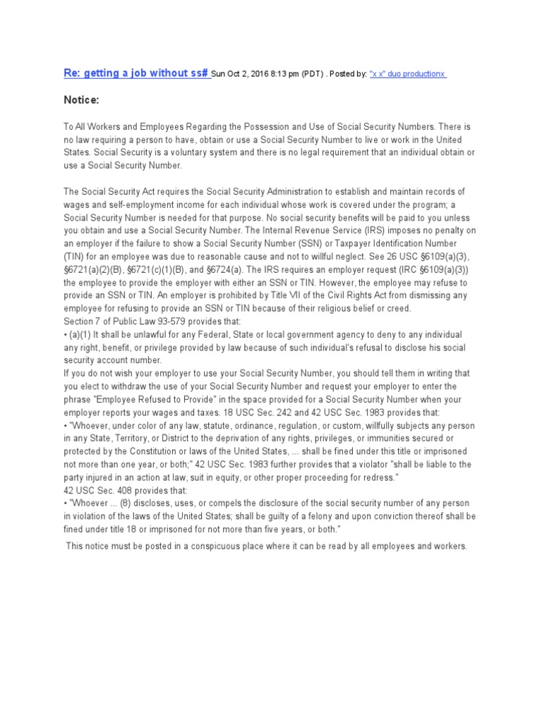 Getting A Job Without A SSN PDF Social Security (United States