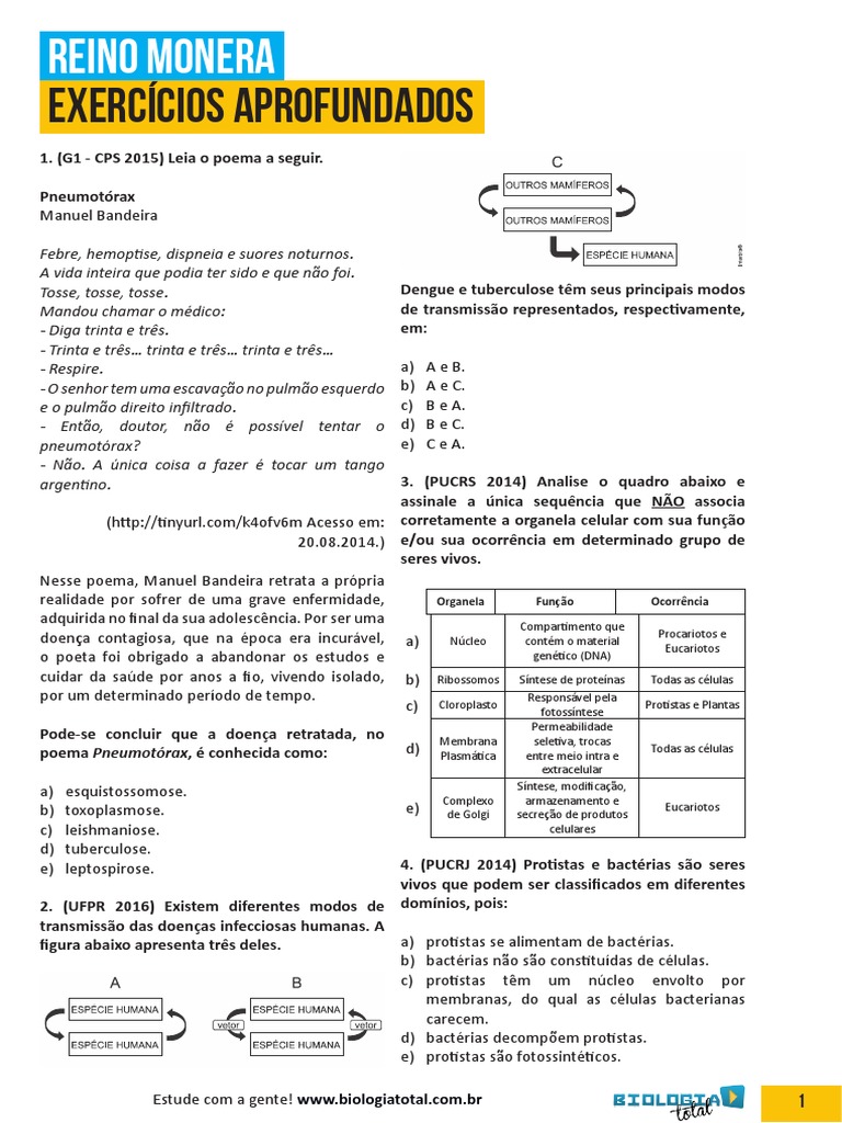 Exercícios Sobre Reino Monera : Exercícios Sobre Reino Monera – APJL