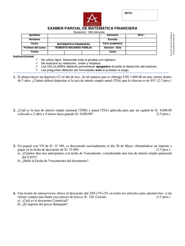 Examen Matemática Financiera 2014 | PDF | Finanzas y dinero