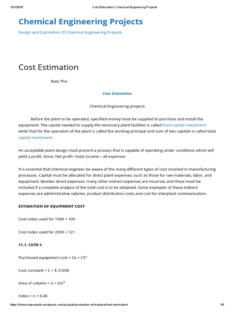 PRIMER Cost Estimation Chemical Engineering Projects PDF Expense Distillation