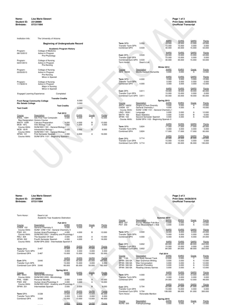 Lisa Marie Siewert Unofficial Transcript | PDF