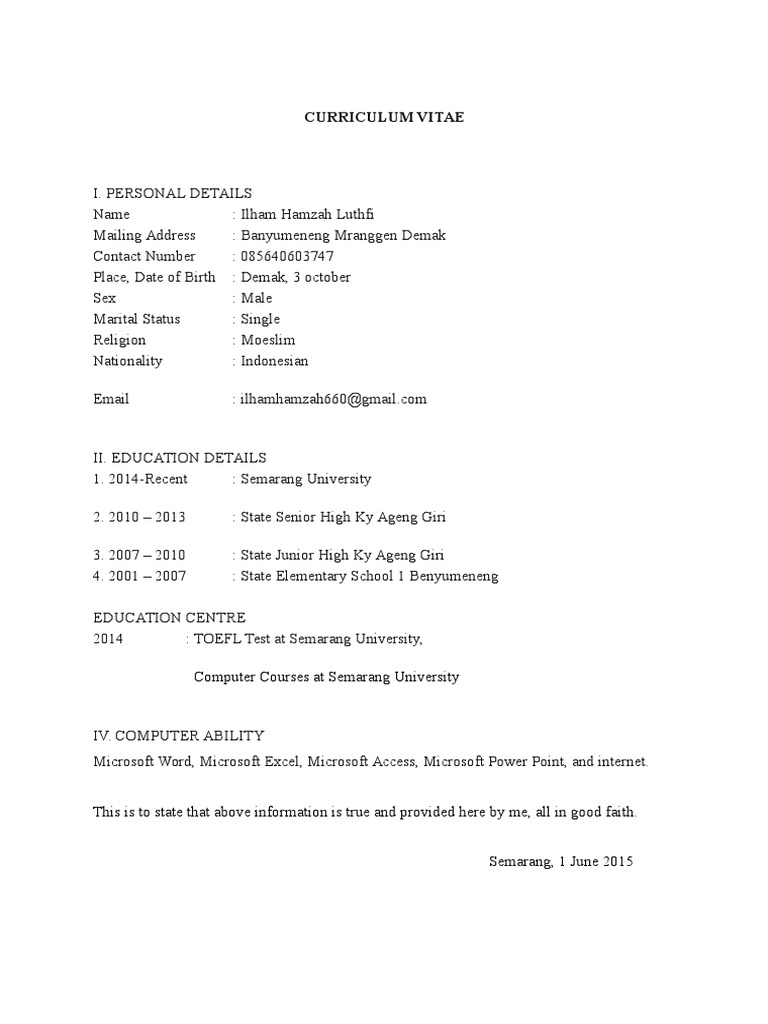 Curriculum Vitae: Computer Courses at Semarang University | PDF ...