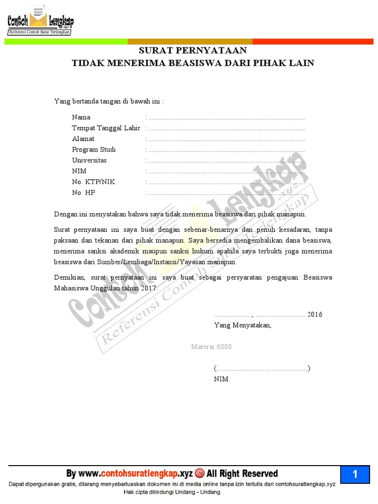 Contoh Surat Pernyataan Tidak Menerima Beasiswa Dari Pihak Lain