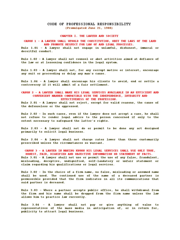 Code of Professional Responsibility: (Promulgated June 21, 1988) | PDF