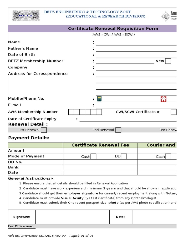 AWS CWI Renewal Application Form | PDF