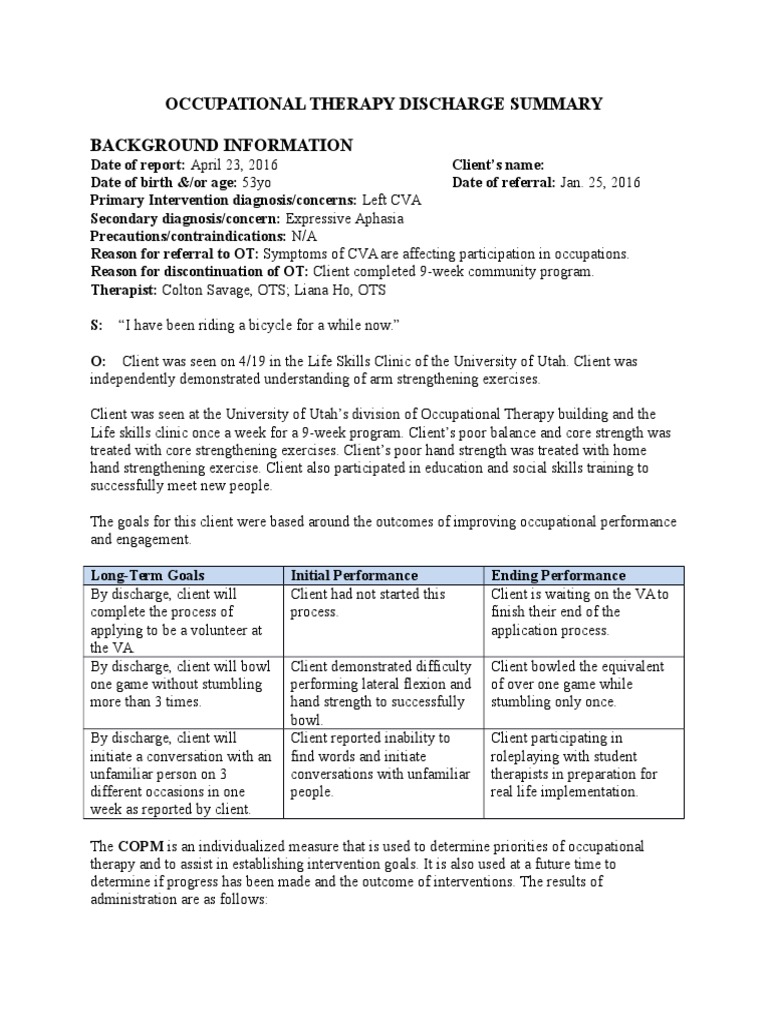 Occupational Therapy Discharge Summary-1 1 | PDF | Occupational Therapy ...