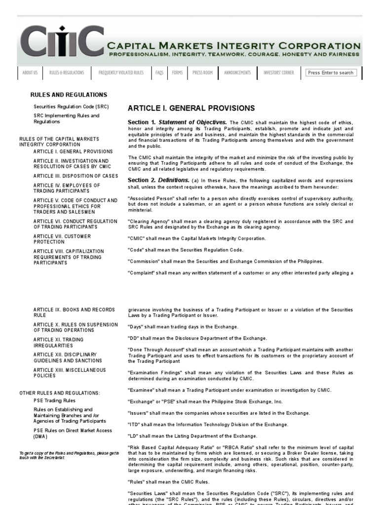 CMIC Rules and Regulations Overview | PDF | Securities Regulation In ...