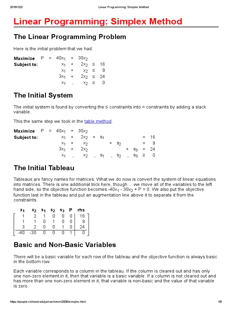 Linear Programming - Simplex Method | Linear Programming | Analysis