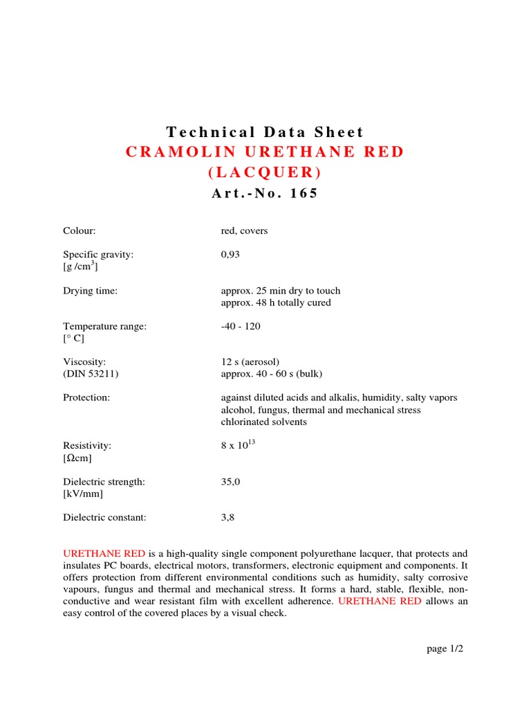 Cramolin Urethane Red (Lacquer) : Technical Data Sheet | PDF