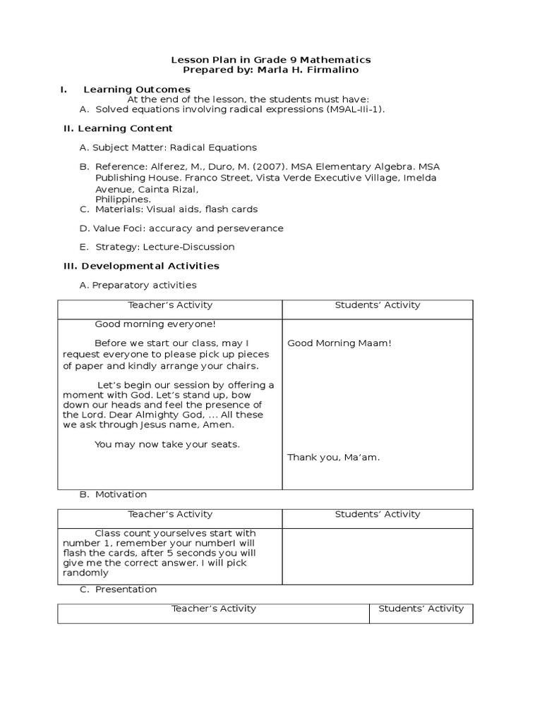 Lesson Plan: Solving Radical Equations | PDF